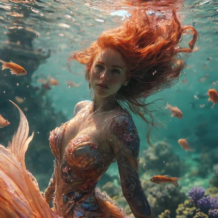 ethereal fog and dreamer, photo shoot of Ariel the mermaid, 36y.o woman, publisher photo shoot of Fashion magazine, fashion poses, VOGUE magazine. Movie grain, intricate patterns on flakes, detailed beautiful face, Bright red hair, looking at the viewer, detailed fish tail, beautiful and intricate underwater background, underwater style <lora:underwater style:1>, film photograph, old photo with movie grain, 8k, Masterpiece, sand watch body, from the waist up photo view, Classic art, ascending, cinemasthetic, close up shot , photo by Flora Borsi <lora:extremely_detailed:1> <lora:add-detail-xl:1> <lora:detailed_notrigger:1> <lora:ultra details add more details:1> <lora:aesthetic:3.5>