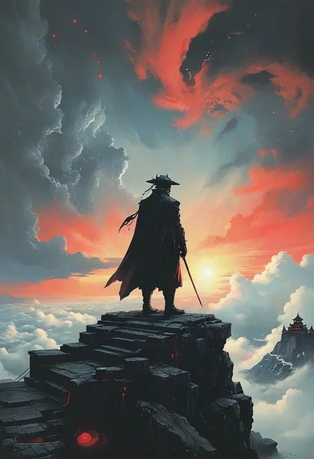 score_9, panorama landscape, architecture, street market, street, outdoor market, sunset, dracula japan village, Japan, enchanted fortress and fortified castle, above the clouds, mystical atmosphere, detailed stone and wood walls, europinian man, 50 years old, devil, blood, bloody mist swirls around, weibo, drawing, formal, black hair, devil horns, double halo, hunter eyes, holding finger to lips, shush, intimidating retro 90's, red, black, science fiction, a dark sky lit by the glow of distant moons and neon lights. rockpunk, yoji shinkawa, James Jean, Ayami Kojima, village<lora:EnvySendNoodzXL01:-2><lora:EnvyZoomSliderXL01:.5>, <lora:EnvyPanoramaXL01:0.5>