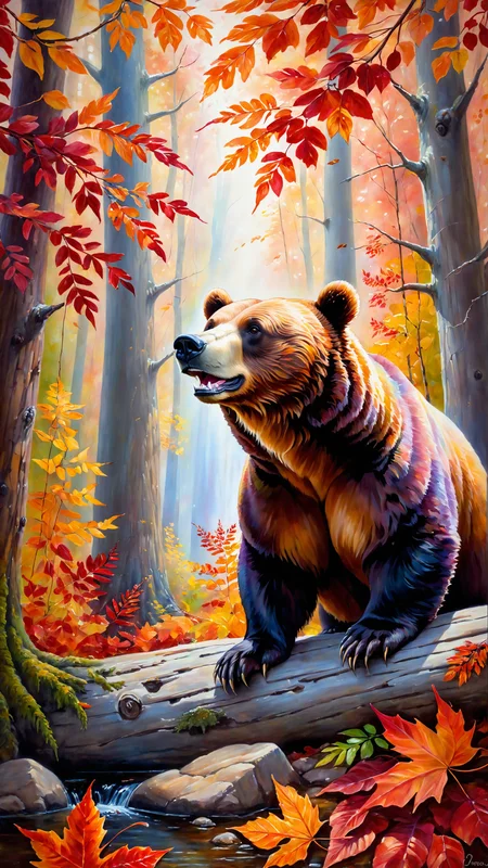 Oil painting, peaceful bear basking in autumn light, wide open mouth, intricate details, vibrant colors, ethereal lighting, glowing red and orange leaves, soft natural lighting, ethereal glow, detailed background, serene atmosphere, realistic shadows, fine details in fur and foliage, ultra-quality, magical elements, relaxed pose, autumn setting, falling leaves, whimsical composition, calming ambiance, delicate brushstrokes