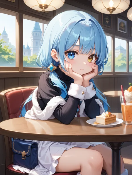 1girl,, score_9, score_8_up, score_7_up,
masterpiece, best quality,
1girl, long hair, blue hair, low twintails, gradient hair, blue eyes, heterochromia, gold eye, hair ribbons, diamond hair ornament, white shawl, black sweater, long white skirt, frills, ribbons, frill cuffs, fur trim, fur boots, hip pouch, sitting in a cafe, sitting on chair, leaning against table, elbow on table, hand on cheek, desserts on table, bright colors,