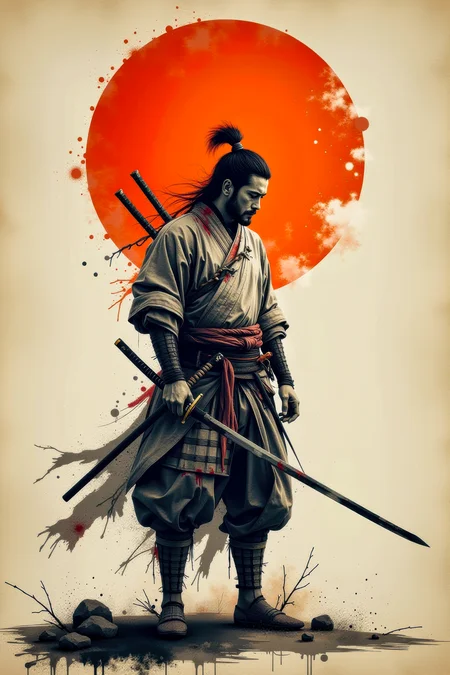 A minimal traditional japanese ink painting of the last weary Japanese samurai standing alone after an intense battle.   He wears no armor nor any helmet. He holds his sword in hand.  He is battered, bruised, and bleeds from several minor wounds.  He is weary, disgusted, disheartened, and saddened at the lives that were lost.  An orange rising sun hangs in sky behind him.  This is a full frame body shot, from head to feet, providing a environmental wide angle view of the entire body.  Intricate details, masterpiece, best quality.  Soft volumetric lighting.  <flux_realism_lora:0.42> <FluxDFaeTasticDetails:0.36> <BaroqueColorful:0.48>