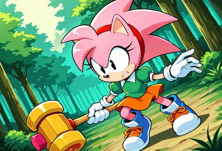 masterpiece, best quality, amazing quality, dynamic angle, dutch angle, abstract background, BREAK, ClassicAmyRose, 1girl, sonic the hedgehog, pink spiky hair, pink fur, peach muzzle, large black eyes, red headband, green, short puffy sleeved shirt, white collar, orange skirt, white gloves, blue shoes, orange shoelaces, short body, Holding Piko Hammer, Forest Background, Fight Stance,