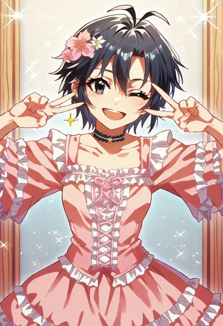 masterpiece,best quality,score_9,score_8_up,score_7_up,source_anime,<lora:KikuchiMakoto_pony_v1:1>,kkcmkt,black hair,antenna hair,hair between eyes,black eyes,very short hair,(happy,smile,open mouth,one eye closed,wink),(1hair flower,pink flower, too many frills,pink dress,frills,three quarter sleeves,choker pink ribbon,middle skirt,skirt with frills),(upper body),(double peace,bivgtsav, hands on own face),(fitting room),(sparkle background)