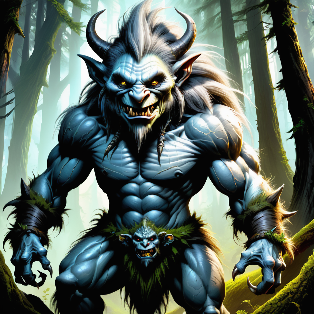 hyper detailed masterpiece, dynamic, awesome quality,female  troll, mythical humanoid being,large, strong, 8 to 10 feet tall, deep forests, thick warty grey skin, large nose, pointy ears, jutting jaw, prominent teeth, deep-set glowing eyes, long wild hair, claws, fantasy, stooped posture