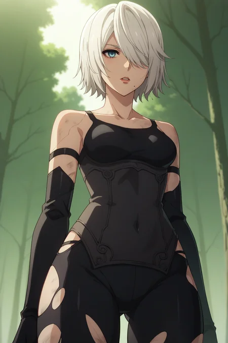 score_9, score_8_up, score_7_up, source_anime, 1girl, prefect lighting, very aesthetic, intricate details, highly detailed background, masterpiece, high quality, prefect hands, best quality, solo,
<lora:A2_Nier_V1:.85>, kjoa2, white hair, blue eyes, hair over eye, mole under mouth, short hair,
torn black bodysuit, torn thigh-highs, torn elbow gloves, dirty, 
from below, expressionless, parted lips,
forest, day, tree shade,
(Beautiful, medium Breasts:1.2), natural breasts,