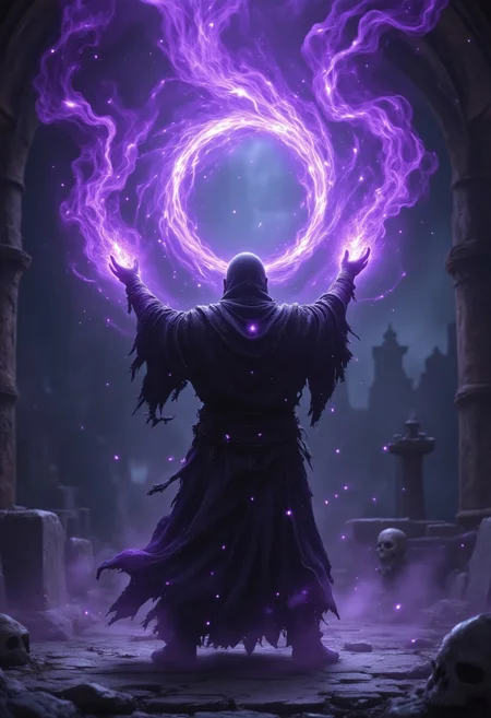 An epic depiction of a powerful warlock summoning a dark, misty purple spell, shrouded in an ethereal, haunting glow. The warlock stands with his hands raised, channeling a swirling vortex of thick, smoky purple mist that radiates ominous energy. The mist snakes outward like ghostly tendrils, forming spectral shapes of skulls and wraithlike figures that dissolve into the surrounding shadows. His dark, tattered robes billow unnaturally as if moved by the energy of the spell, adorned with faintly glowing runes. The scene is suffused with an eerie purple light emanating from the spell, casting long shadows across the cracked stone floor. The background is dark and desolate, with faint outlines of gravestones and a crumbling crypt, amplifying the deathly, mystical atmosphere