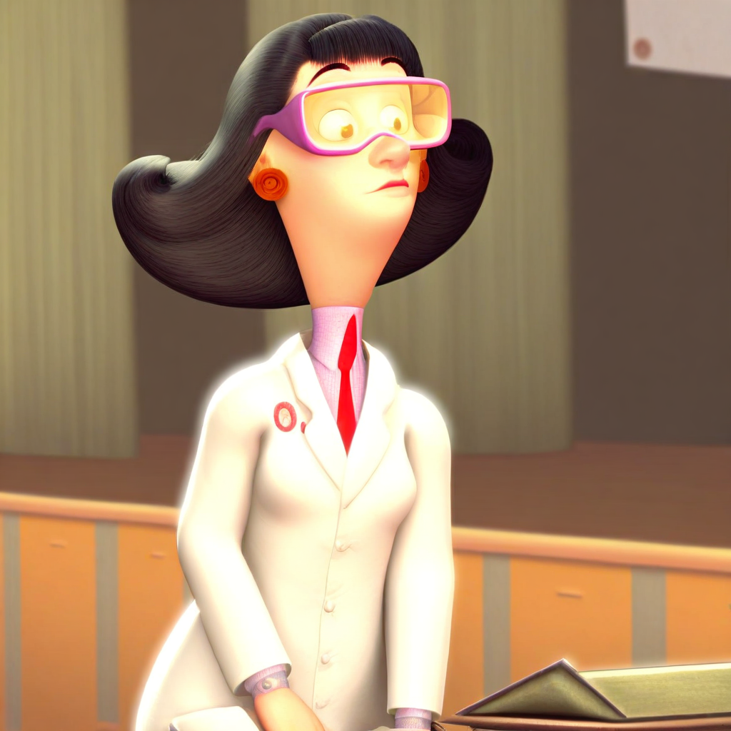 score_9, solo, lucille_mtr, 1girl, black hair, goggles, earrings, labcoat, necktie, sitting, desk