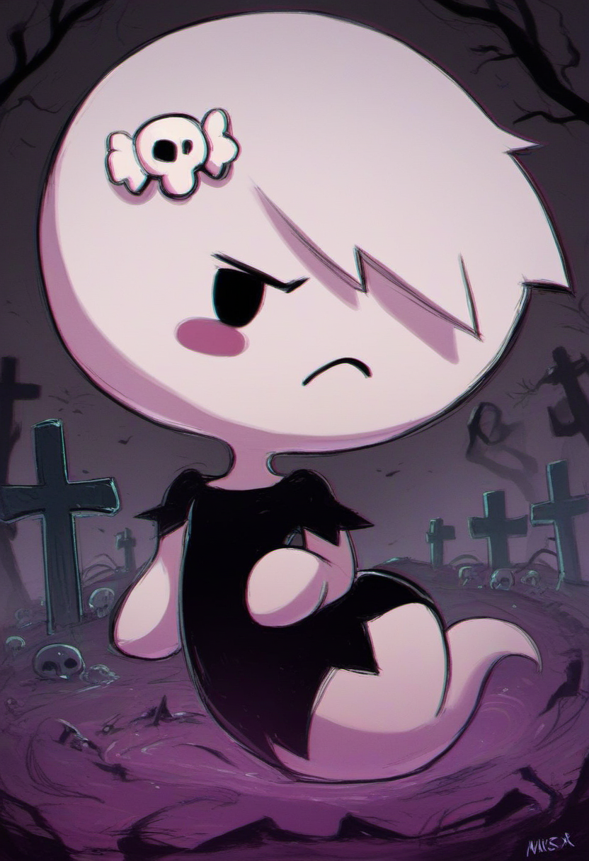 zPDXL, zPDXLxxx, score_9, score_8_up, score_7_up, score_6_up, score_5_up, score_4_up, BREAK rating_safe, source_cartoon, 2d, flat color, <lora:Carrie_Krueger_Gumball_for_PonyXL:1>, carrie_krueger, 1girl, solo, black eyes, hair over one eye, detailed background, short hair, frown, blush stickers, graveyard, full body, skull hair ornament, black dress, ghost tail