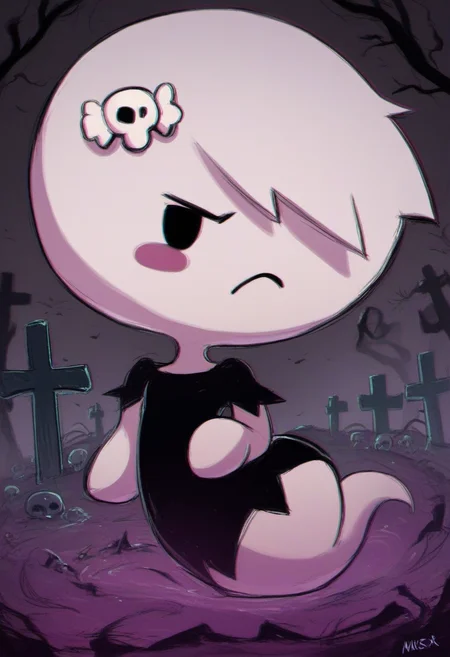 zPDXL, zPDXLxxx, score_9, score_8_up, score_7_up, score_6_up, score_5_up, score_4_up, BREAK rating_safe, source_cartoon, 2d, flat color, <lora:Carrie_Krueger_Gumball_for_PonyXL:1>, carrie_krueger, 1girl, solo, black eyes, hair over one eye, detailed background, short hair, frown, blush stickers, graveyard, full body, skull hair ornament, black dress, ghost tail
