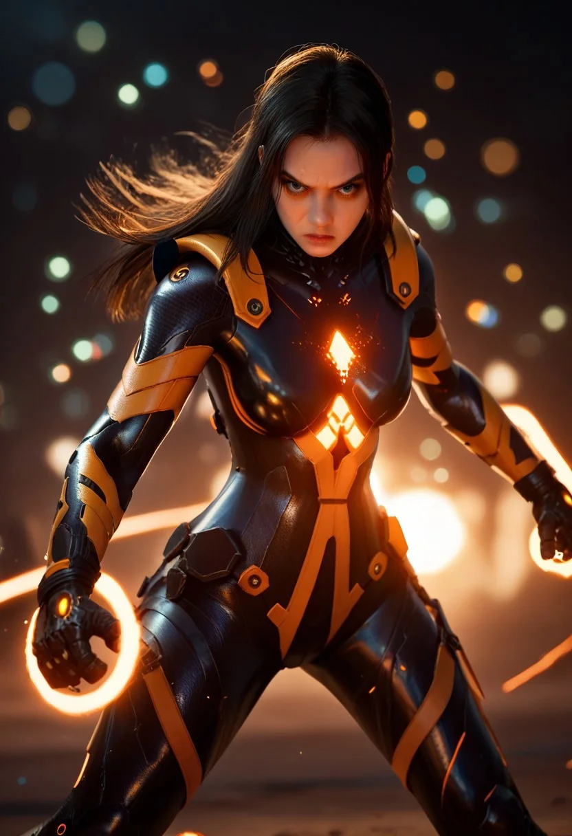 score_9, score_8_up, score_7_up, score_6_up,
stellartachy, 1girl, solo, black hair, black eyes, long hair, (Large black round armored Shoulder pads:1.4),
(orange neon lines), ( black glowing plugsuit:1.3), cyberpunk gloves,
cowboy shot, white background, (epic, movie scene , action scene, fight, colorful, bokeh, god light:1.4)
(action shot)