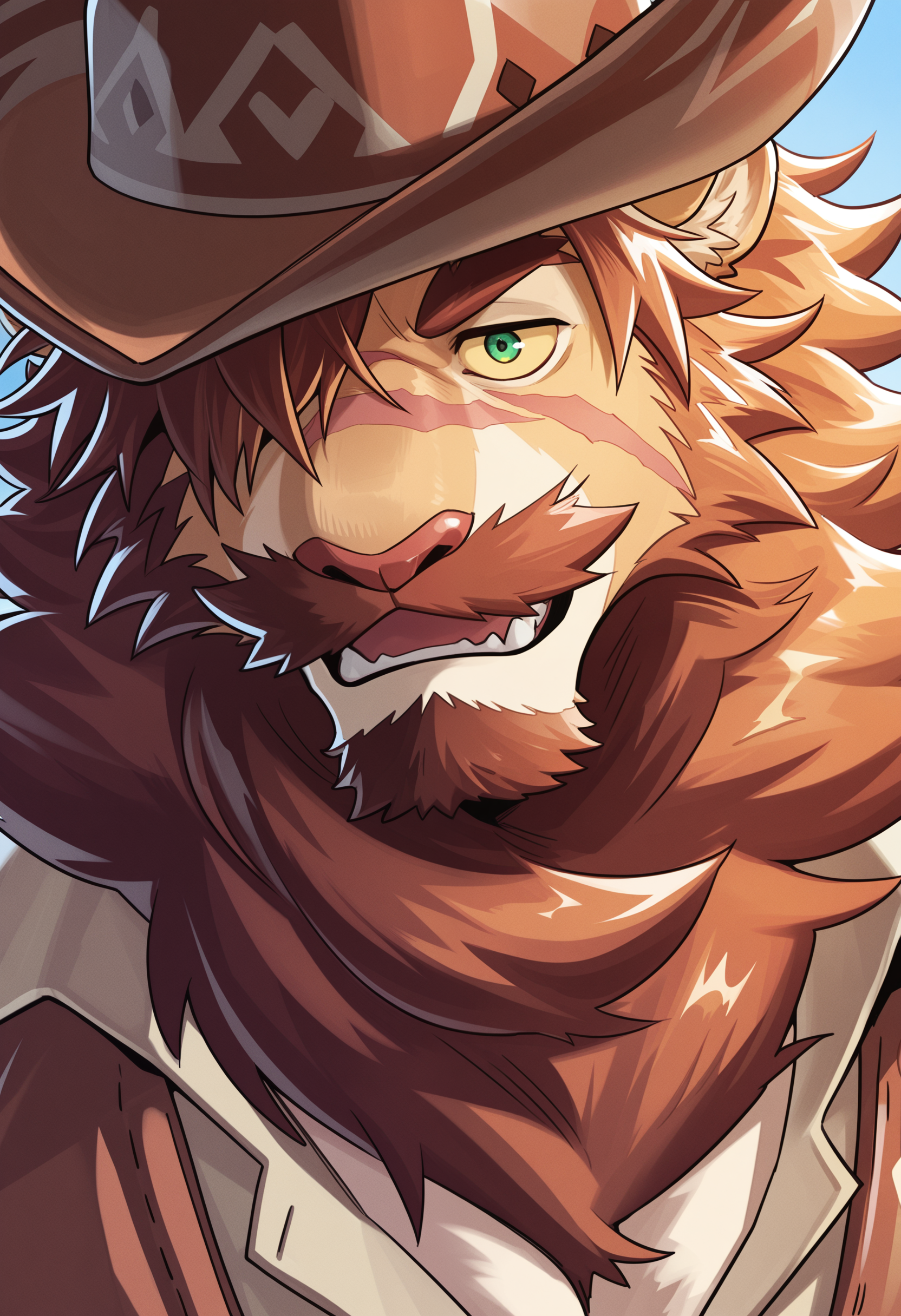 masterpiece, best quality, amazing quality, 1boy, solo, 
TDL3onhart, lion boy, dark fur, yellow sclera, green eyes, scars,
adventure clothes, cowboy hat, ripped sleeves, brown vest,
close up, face focus, portrait