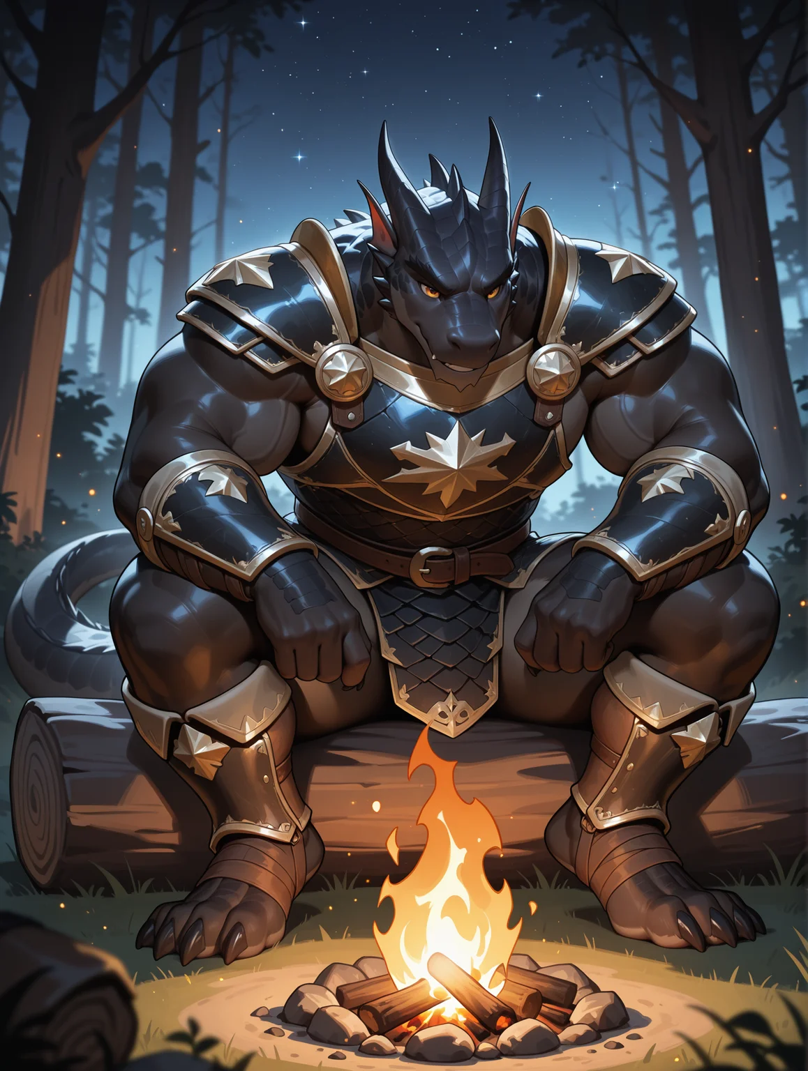 best quality,newest,masterpiece,absurdres,highres,safe,male furry,bara,Muscles,perfect anatomy,smooth,huge biceps,handsome,solo,
black body,scales,tail,muscles,handsome,armor,medieval,fantasy,outdoors,outside,dark,night,forest,campfire,camp,stars,sitting,toe claws,epic,depth of field,perfect lighting,light particles,pupil,