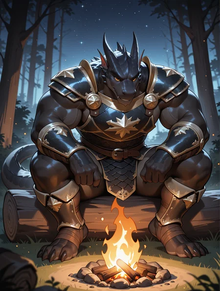 best quality,newest,masterpiece,absurdres,highres,safe,male furry,bara,Muscles,perfect anatomy,smooth,huge biceps,handsome,solo,
black body,scales,tail,muscles,handsome,armor,medieval,fantasy,outdoors,outside,dark,night,forest,campfire,camp,stars,sitting,toe claws,epic,depth of field,perfect lighting,light particles,pupil,