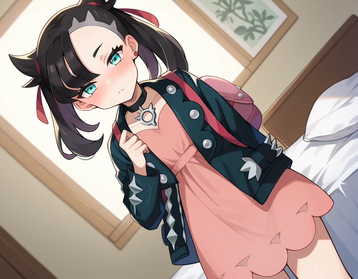 score_9, score_8_up, score_7_up, source_anime,
pokemonmarnie, <lora:pokemon-marnie-ponyxl-lora-nochekaiser:1>
pokemonmarnie, aqua eyes, asymmetrical bangs, asymmetrical hair, black hair, hair ribbon, long hair, red ribbon, ribbon, twintails,
backpack, bag, black choker, black jacket, choker, dress, earrings, jacket, jewelry, long sleeves, open clothes, pink bag, pink dress,
indoors, bed, bed room, on side, blush, drunk,
looking at viewer, cowboy shot, dutch angle,