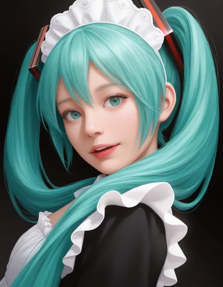 1girl, realistic, hatsune miku, from side, hair over shoulder, red_lips, looking at viewer, black background, light smile, frileld_chocker, maid headdress,  frilled_dress, dutch angle, upper teeth only, head tilt,