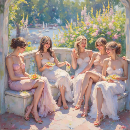 Pierre-Auguste Renoir, Luncheon of the Boating Party,
The image shows a group of friends enjoying a casual lunch on a sunny balcony. They are laughing, drinking, and talking while dressed in relaxed, summery clothes. The scene is vibrant and full of life.
group, lunch, balcony, laughter, sunlight, drinks, summer clothes, vibrant, relaxed