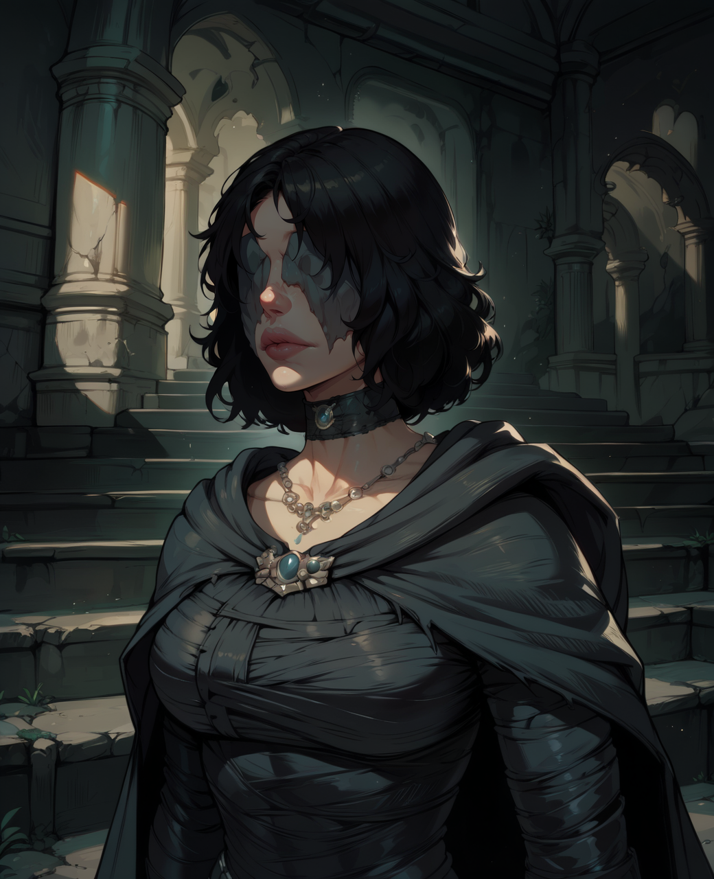 score_9,score_8_up,score_7_up,
MidenInBlack,black hair,lips,covered eyes,
choker,necklace,black dress,cape,  
standing,upper body, 
stairs,magical ruins, indoors,   
<lora:MaidenInBlack135:1>,