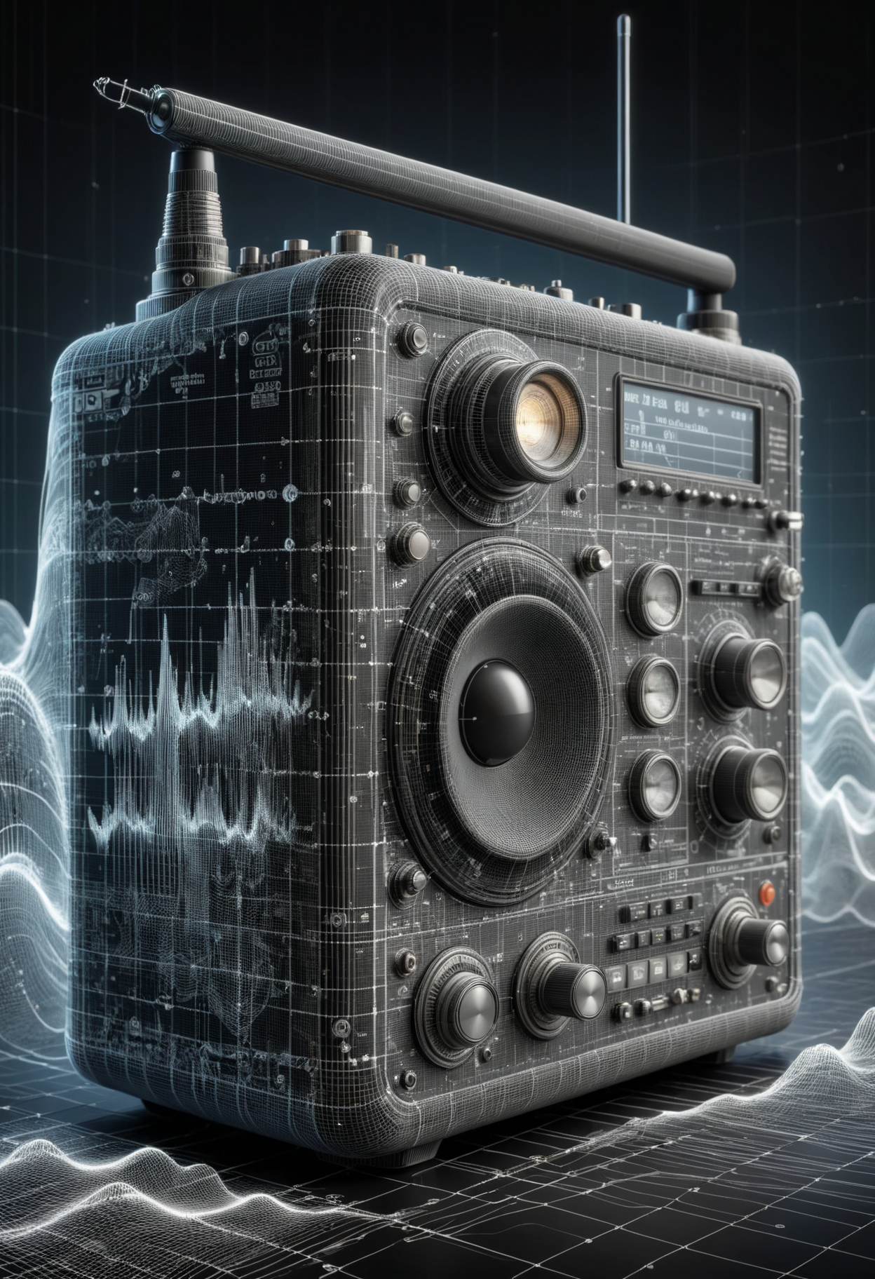 DonMW4v3F0rm5XL cb radio, power consumption labels,qr codes,icons,status leds,  stitched,  cracked <lora:DonMW4v3F0rm5XL-000008:1>