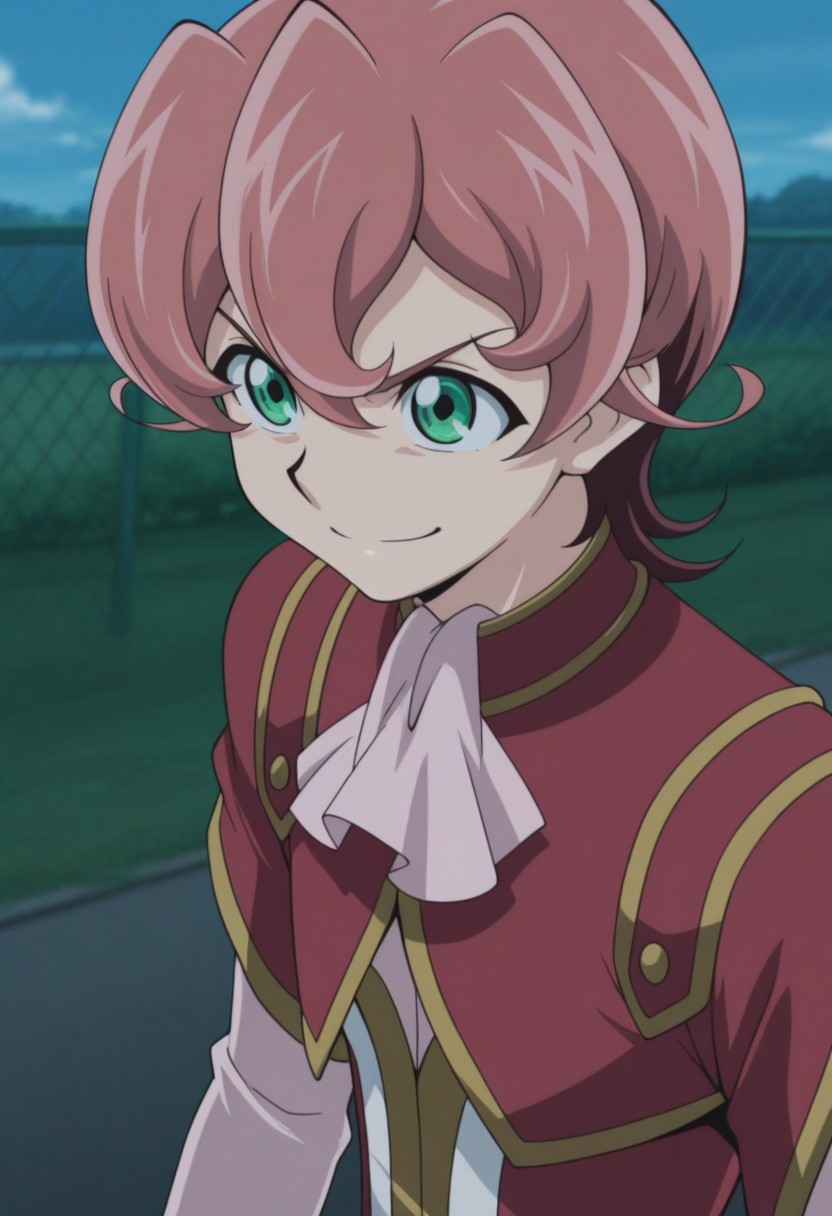 masterpiece,best quality,amazing quality, source_anime, 
MichArclight, 1boy, male focus, solo, green eyes, pink hair, ascot, pink ascot, shirt, pink shirt, jacket, red jacket, short over long sleeves,  outdoor, smile, determined,