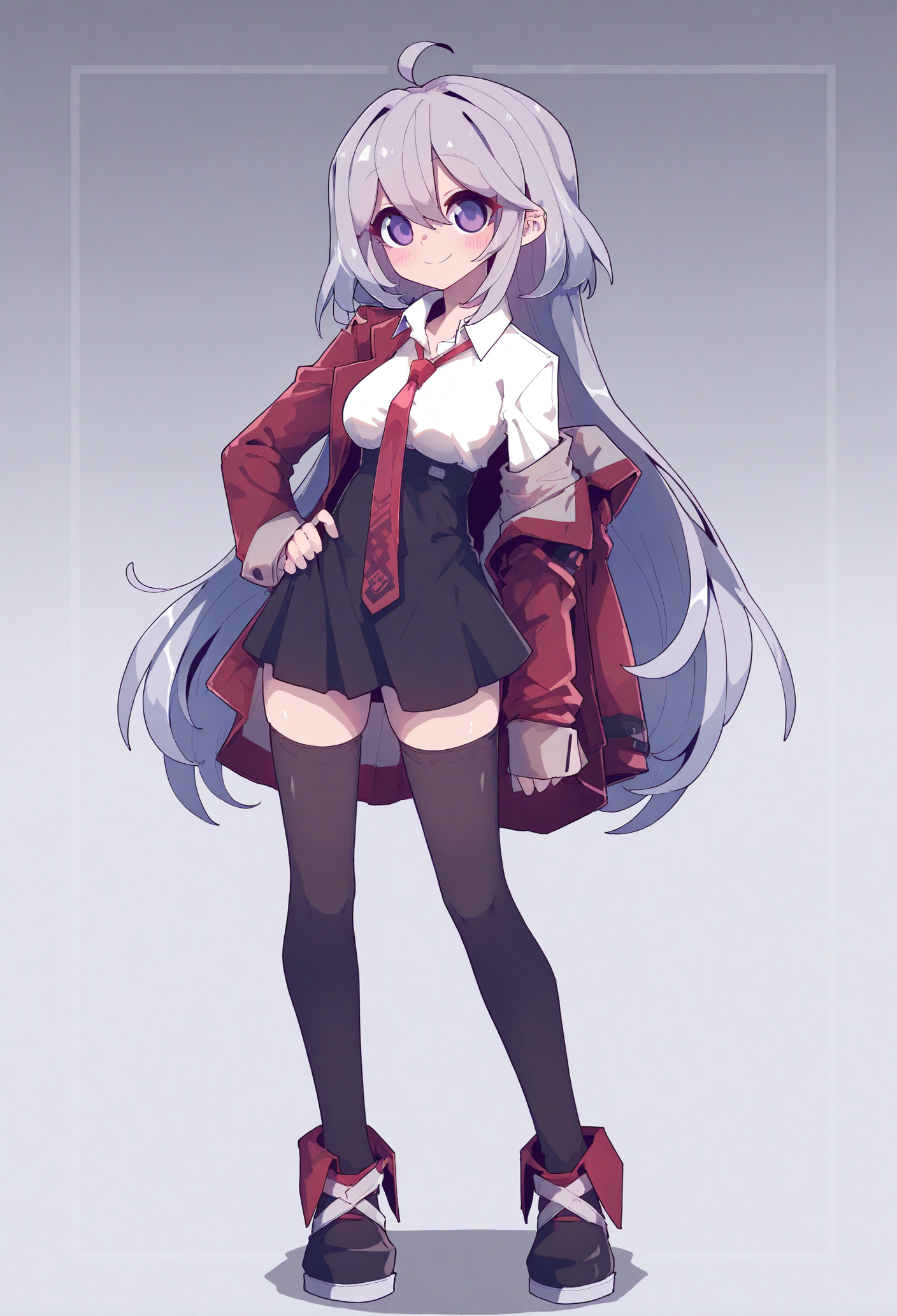 1girl, 
solo, long hair, thighhighs, necktie, full body, hand on own hip, grey hair, ahoge, skirt, standing, red jacket, black thighhighs, jacket, breasts, shirt, looking at viewer, purple eyes, high-waist skirt, white shirt, black skirt, closed mouth, long sleeves, white background, collared shirt, sleeves past wrists, smile, open clothes, hair between eyes, medium breasts, zettai ryouiki, simple background, miniskirt, open jacket, blush, red necktie, very long hair,
.
masterpiece, best quality, very aesthetic, absurdres
 <lora:ä»æ²¢forNoob:0.95>