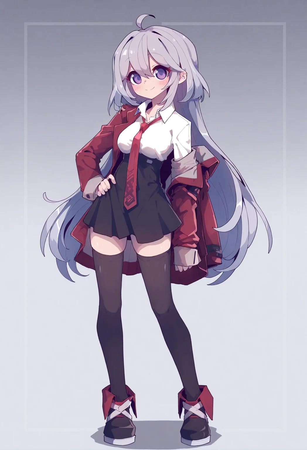 1girl,
solo, long hair, thighhighs, necktie, full body, hand on own hip, grey hair, ahoge, skirt, standing, red jacket, black thighhighs, jacket, breasts, shirt, looking at viewer, purple eyes, high-waist skirt, white shirt, black skirt, closed mouth, long sleeves, white background, collared shirt, sleeves past wrists, smile, open clothes, hair between eyes, medium breasts, zettai ryouiki, simple background, miniskirt, open jacket, blush, red necktie, very long hair,
.
masterpiece, best quality, very aesthetic, absurdres
<lora:仿²¢forNoob:0.95>
