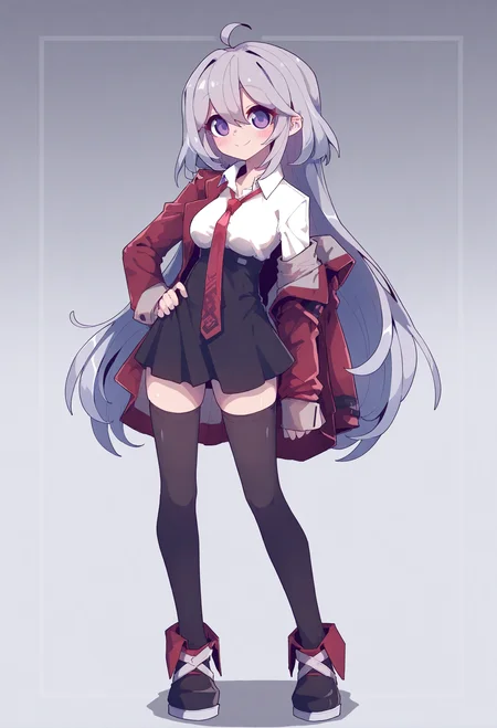 1girl,
solo, long hair, thighhighs, necktie, full body, hand on own hip, grey hair, ahoge, skirt, standing, red jacket, black thighhighs, jacket, breasts, shirt, looking at viewer, purple eyes, high-waist skirt, white shirt, black skirt, closed mouth, long sleeves, white background, collared shirt, sleeves past wrists, smile, open clothes, hair between eyes, medium breasts, zettai ryouiki, simple background, miniskirt, open jacket, blush, red necktie, very long hair,
.
masterpiece, best quality, very aesthetic, absurdres
<lora:仿²¢forNoob:0.95>