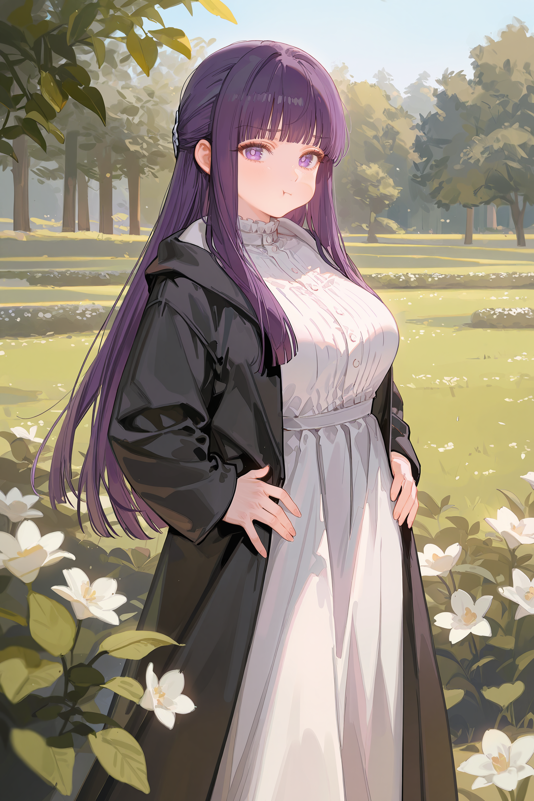 1girl, fern \(sousou no frieren\),  solo, large breasts, black coat, long white dress, cowboy shot, standing, looking at viewer, pout, :t, hands on hips, garden, outdoors, depth of field <lora:Char-Fern-IL-V1:0.8:hr=0.6>, ciloranko, alphonse \(white datura\), ask \(askzy\), gomzi, you shimizu
masterpiece, best quality, amazing quality, very aesthetic, absurdres, newest, (scenery, volumetric lighting), ray tracing, (bloom:1.4), cinematic