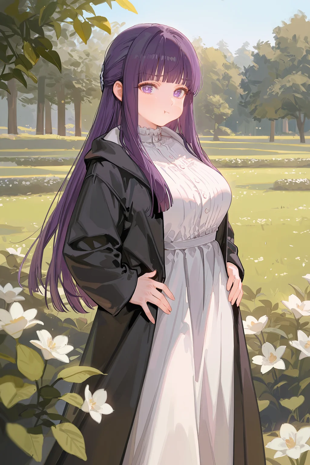 1girl, fern \(sousou no frieren\),  solo, large breasts, black coat, long white dress, cowboy shot, standing, looking at viewer, pout, :t, hands on hips, garden, outdoors, depth of field <lora:Char-Fern-IL-V1:0.8:hr=0.6>, ciloranko, alphonse \(white datura\), ask \(askzy\), gomzi, you shimizu
masterpiece, best quality, amazing quality, very aesthetic, absurdres, newest, (scenery, volumetric lighting), ray tracing, (bloom:1.4), cinematic