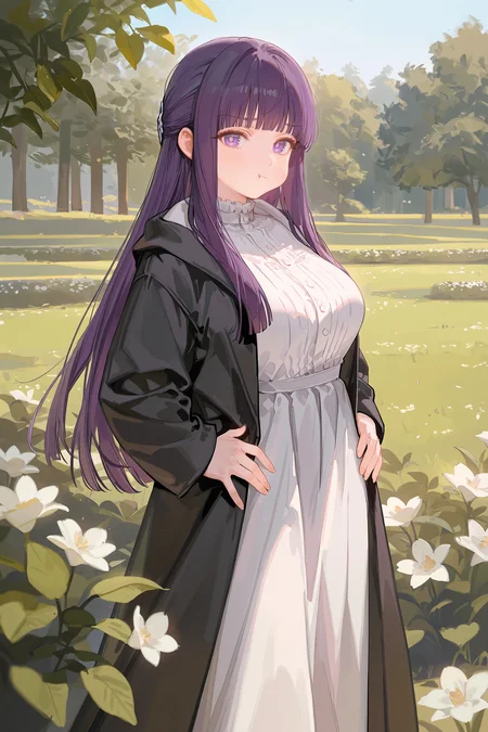 1girl, fern \(sousou no frieren\), solo, large breasts, black coat, long white dress, cowboy shot, standing, looking at viewer, pout, :t, hands on hips, garden, outdoors, depth of field <lora:Char-Fern-IL-V1:0.8:hr=0.6>, ciloranko, alphonse \(white datura\), ask \(askzy\), gomzi, you shimizu
masterpiece, best quality, amazing quality, very aesthetic, absurdres, newest, (scenery, volumetric lighting), ray tracing, (bloom:1.4), cinematic