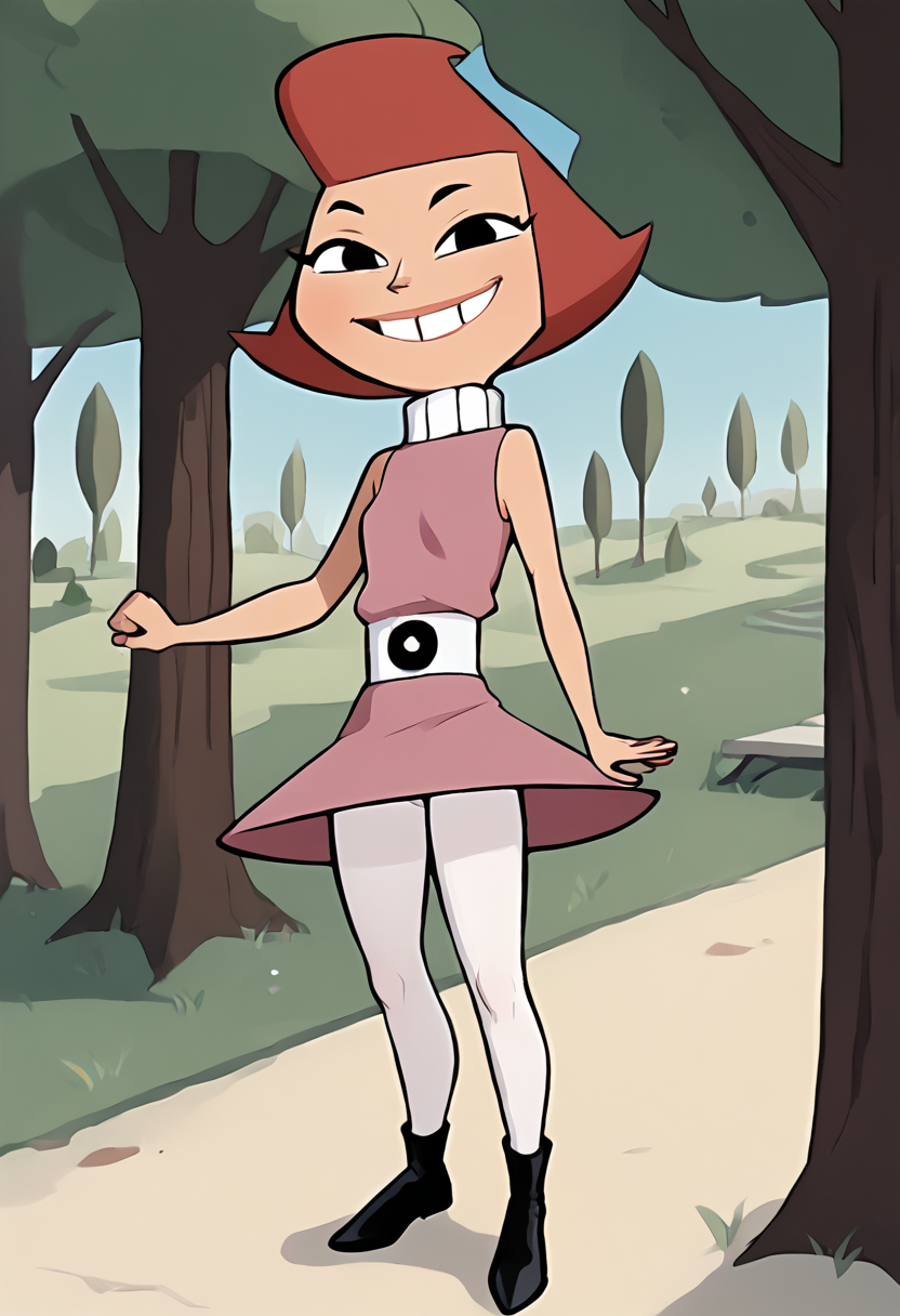 <lora:PteresaPony1.0:0.7>pteresa, pink dress, red hair, short hair, solo, 1girl, black eyes, white belt, white pantyhose, black footwear,, looking at viewer, score_9, score_8_up, score_7_up, score_6_up, score_5_up, score_4_up, grin, outdoors, tree,     <lora:Jabstyle_AMXLV1:1> jabstyle