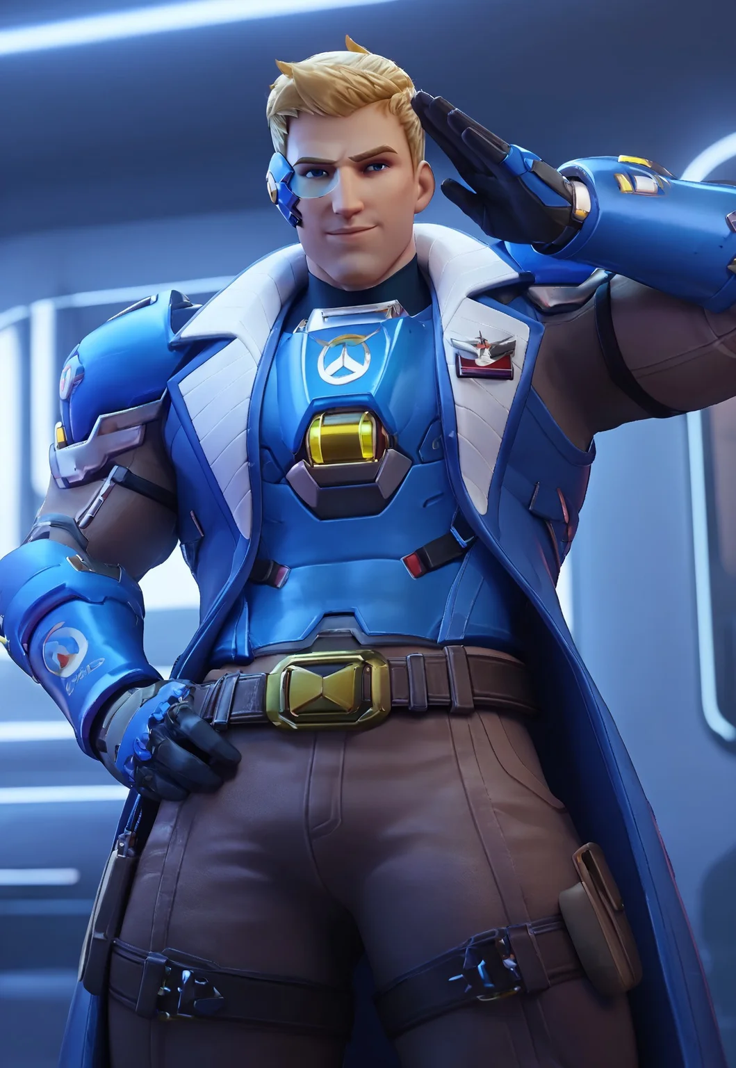 safe_pos, score_9, score_8_up, score_7_up, masterpiece, best quality, ultra-detailed, very aesthetic, realistic, 1male, mature male, muscular, bara, defined face, 5 fingers, masculine face, face, soldier 76 \(overwatch\), jack, short hair, blonde hair, sideburn, blue eyes, large pectorals, armor, gauntlet, blue gloves, blue trench coat, long coat, pant, scouter, naughty smile, shipose, salute, looking at viewer, futuristic water, depth of field, looking at viewer