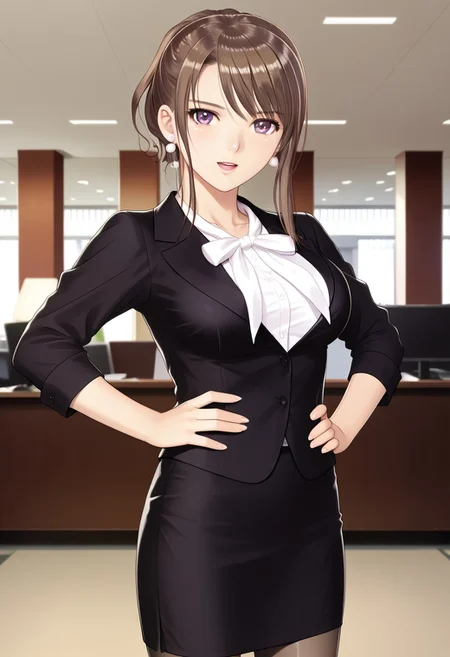 in office room, office interior, (photorealistic, beautiful girl, sexy girl, Japanese girl) (matsumiya_kiriko, pantyhose, skirt, solo, brown hair, purple eyes, fitted skirt, formal, suit, black skirt, shirt, jacket, white shirt, office lady, outfit1 earrings, pearl earrings,) 1girl, best quality, cowboy shot, seductive smile, large breast, Overall Detail, (slim, standing, open mouth, looking at viewer, young-adult contrapposto, one hand on waist) realistic hands, white stocking, negative hand, handfixer, tony taka, alone, 1 girls