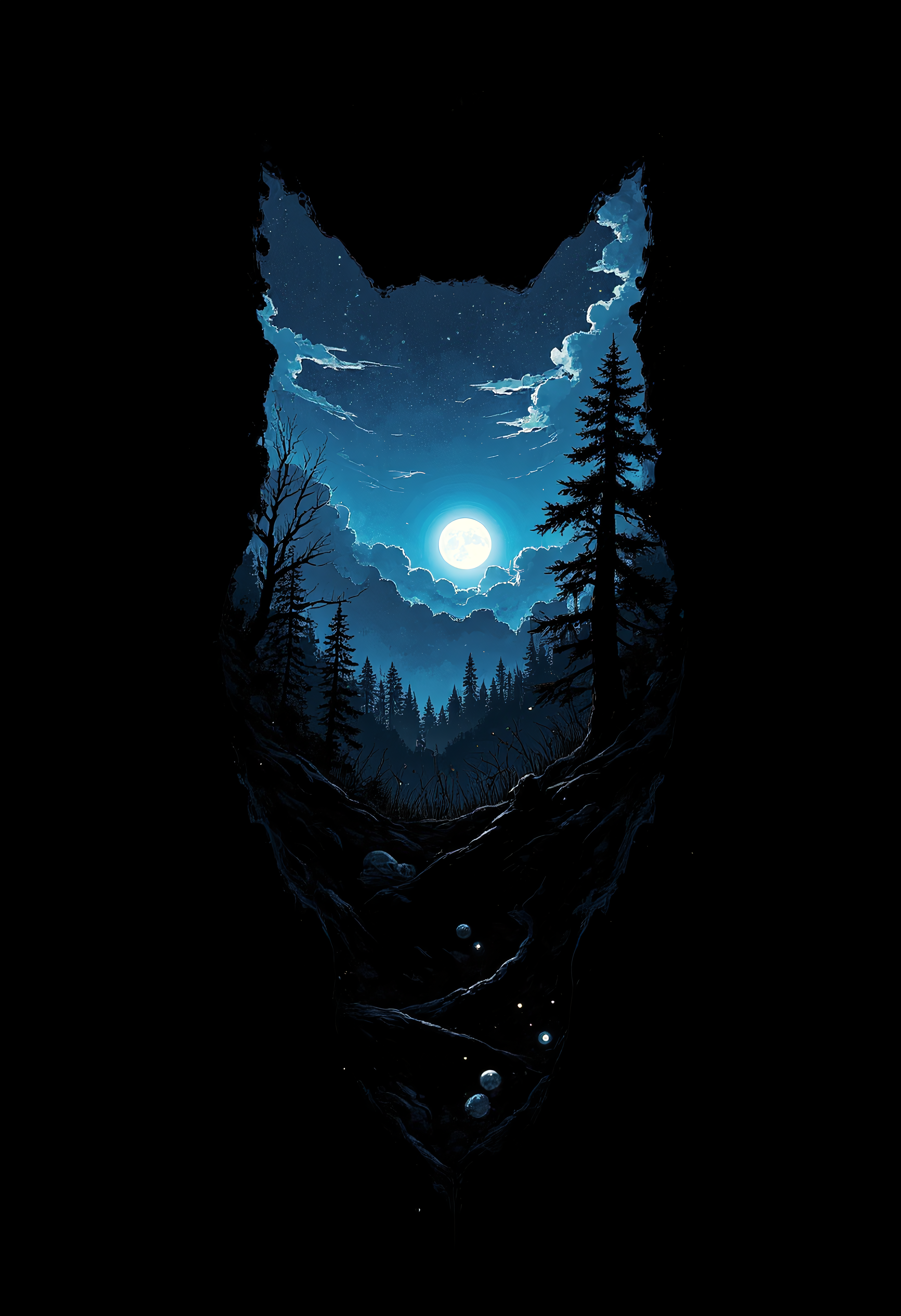 A glowing silhouette of an owl with an image of a full blue moon landscape inside it's silhouette, black background