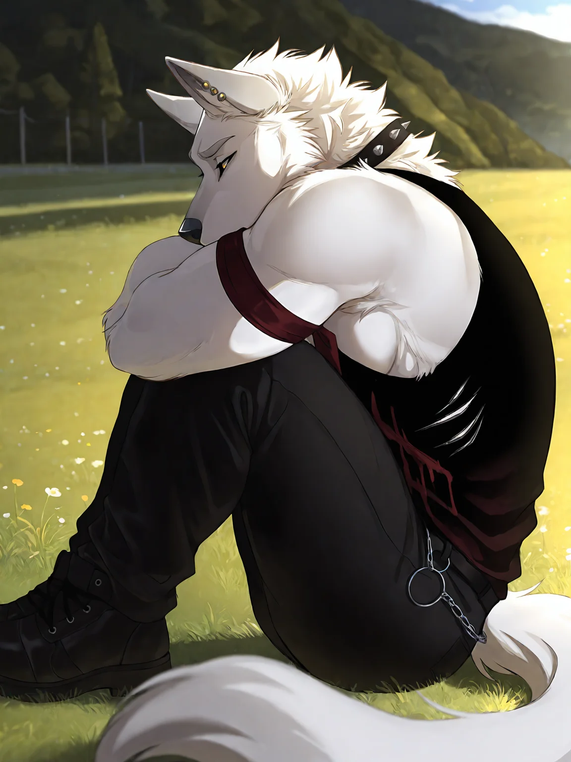 <lora:HarukiIL4:0.8>, haruki, male, solo, sitting, grass, on floor, side view, edgy outfit,
BREAK masterpiece, best quality, amazing quality, very aesthetic,highres, absurdres, detailed background,