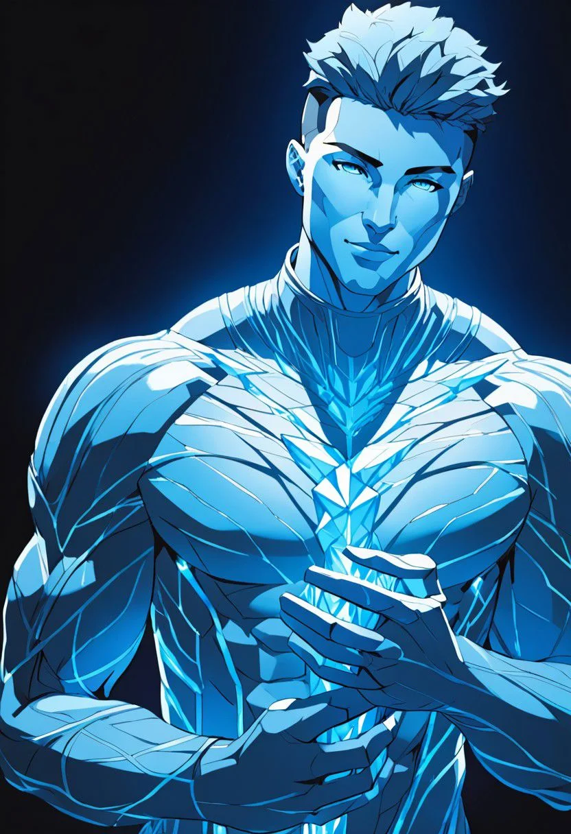Duskfallcrew Art Style, solo, smile, short hair, simple background, 1boy, white background, closed mouth, monochrome, upper body, male focus, muscular, own hands together, pectorals, muscular male, veins, blue theme, statue, (iceman from the x-men:1.5), futuristic, cyberpunk, soft lighting, best illustration, cinematic angle, cinematic lighting, masterpiece, official art,