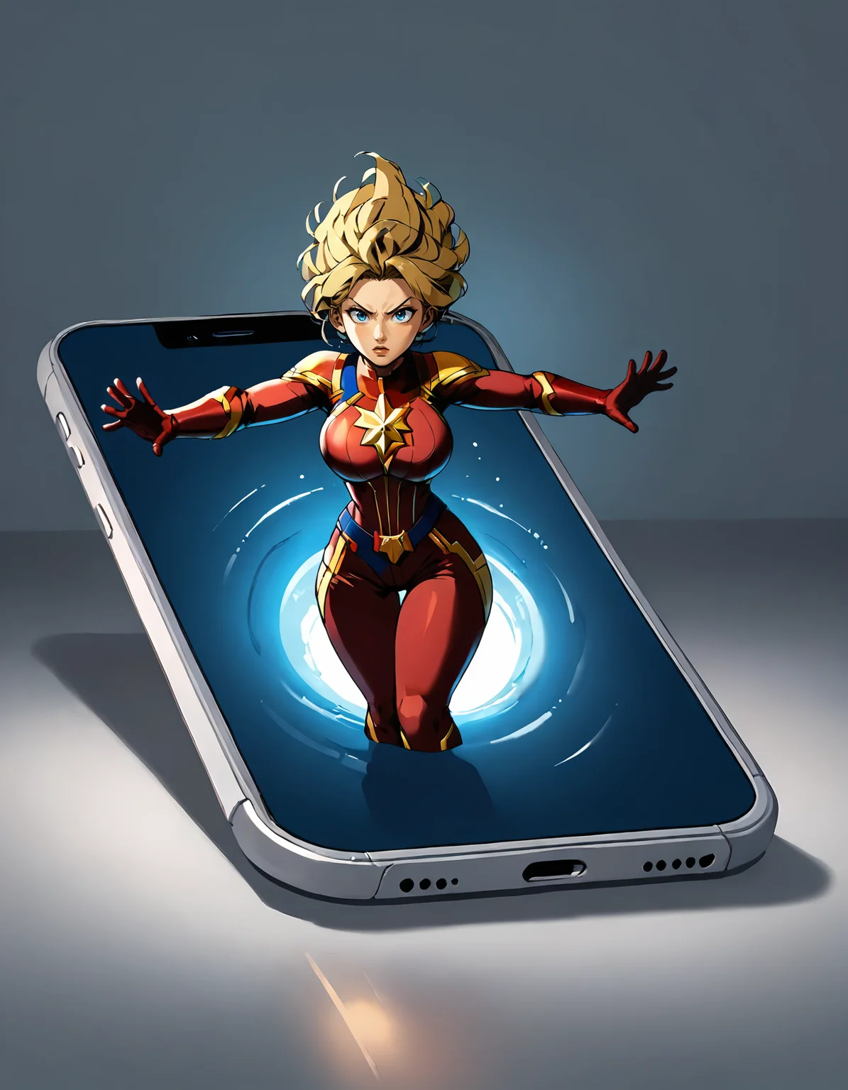 <lora:Phone_PH12X_Pony:1> ph12x, solo, 1girl, upper body, breasts, Captain Marvel