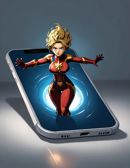 <lora:Phone_PH12X_Pony:1> ph12x, solo, 1girl, upper body, breasts, Captain Marvel