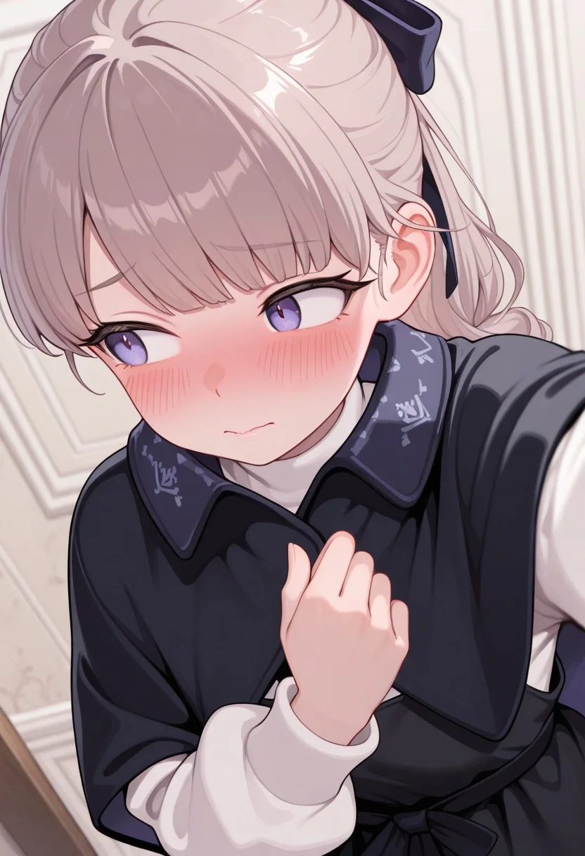 masterpiece, best quality, Lapwing_Gosling, light brown hair, purple eyes, ponytail, bangs, hair bow, black capelet, black dress, white sweater, 1girl, solo, tilled wall background, looking at other side, shy, embarrassed, blush, blushing, POV selfie, point of view, selfie