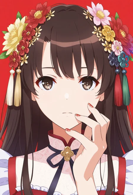 1girl, m3gum1kat0, bangs, brown hair,pupils,brown eyes,long hair,solo,red nails,looking at viewer,nail polish,black hair,hair ornament,hand up,flower,closed mouth,tassel,ribbon,portrait,colorful,red background,frills,multicolored hair,upper body,fingernails <lora:fuzichocoXL_il1_lokr_V6311P:0.95>