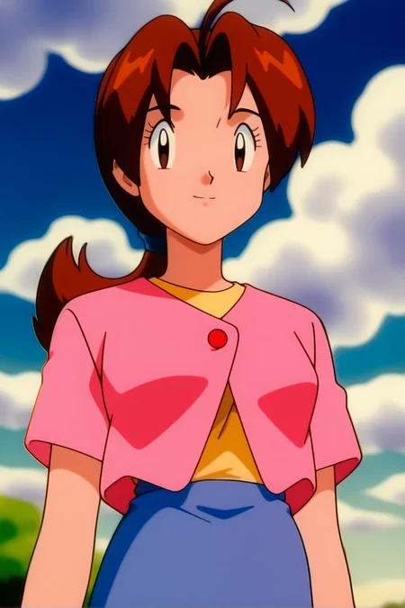 retro artstyle, 1990s \(style\), pokemon \(classic anime\), deliaca, 1girl, solo, long hair, breasts, looking at viewer, shirt, skirt, brown hair, closed mouth, brown eyes, standing, jacket, upper body, ahoge, ponytail, short sleeves, outdoors, sky, day, cloud, blurry, black eyes, blue sky, parted bangs, blue skirt, buttons, blurry background, expressionless, cloudy sky, light smile, low ponytail, yellow shirt, arms at sides, hair tie, pink jacket, retro artstyle, smile, eyelashes, hair intakes, pink shirt, straight-on, delia ketchum
<lora:Delia_Ketchump_Classic_Anime:1>