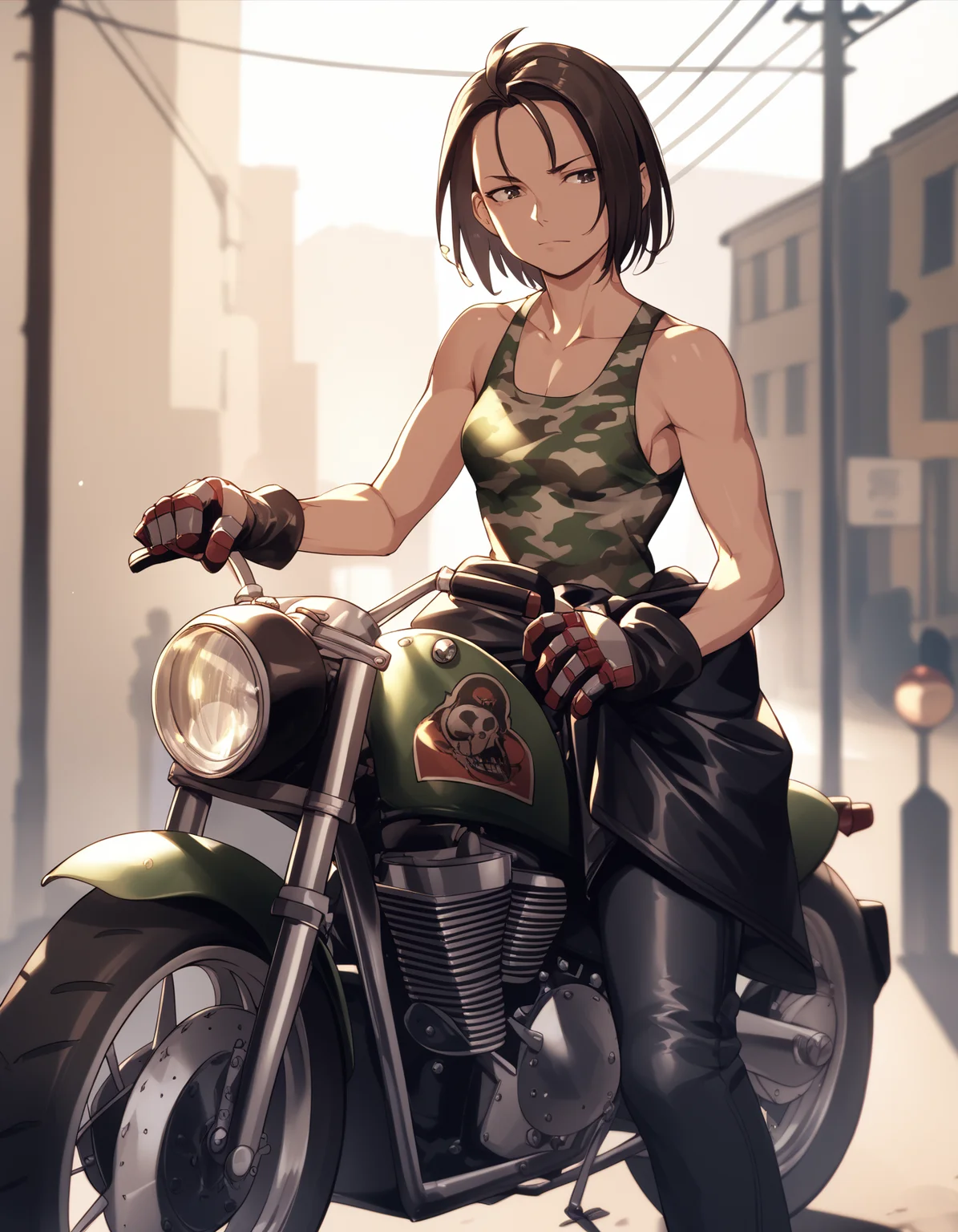 score_9, score_8_up, score_7_up <lora:kazama-akira-ponyxl-000013:1> rskzm, camouflage tank top, jacket around waist, bare arms, leather pants, gloves,
confident, motorcycle, outdoors
