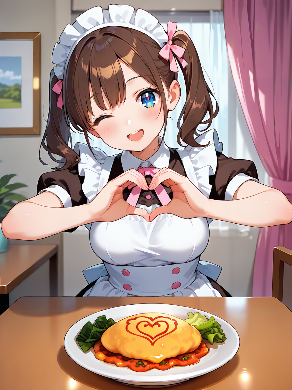 <lora:maid cafe_illustrious_V1.0:1> maid, indoors, table, food, curtains,heart hands,omurice,wink,heart effect