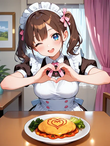 <lora:maid cafe_illustrious_V1.0:1> maid, indoors, table, food, curtains,heart hands,omurice,wink,heart effect