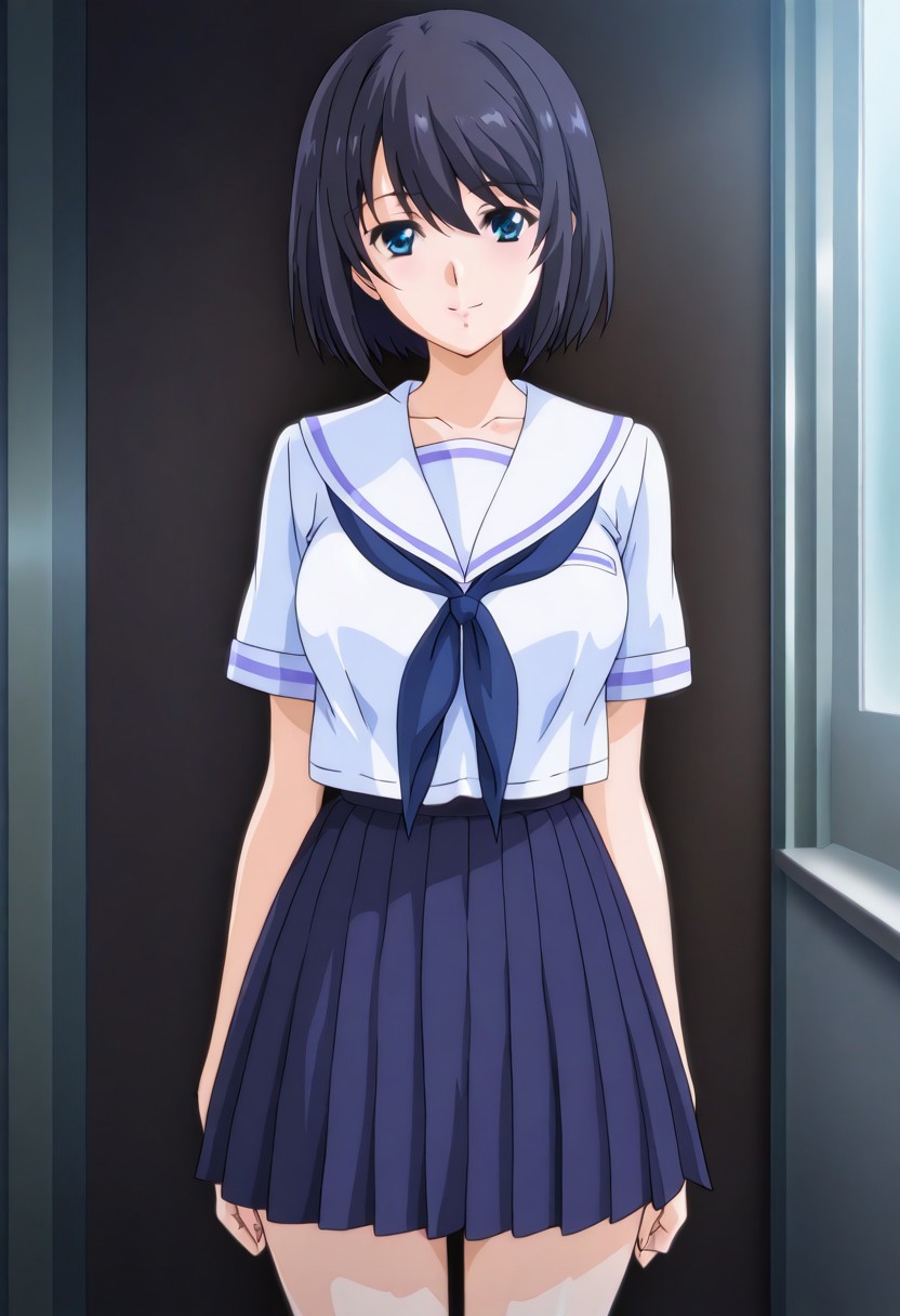 KawaYuuki, PiPinOVA, anime coloring, source anime, (absurdres, best quality, masterpiece:1.4), amazing quality, highres, newest, detailed, detailed body, detailed face,  beautiful, looking at viewer, 
BREAK
1girl, solo, black hair, Short hair, Blue eyes, white serafuku, blue neckerchief, blue pleated skirt,  smile, standing