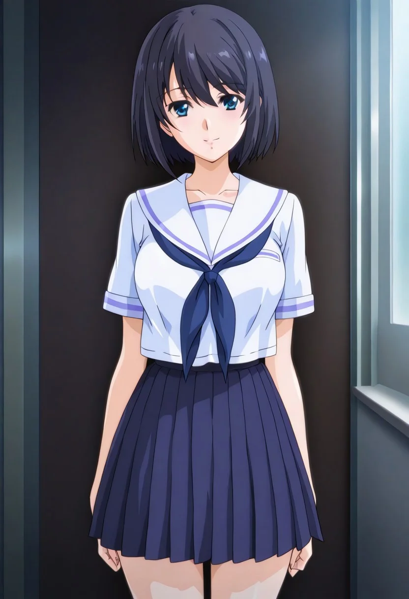 KawaYuuki, PiPinOVA, anime coloring, source anime, (absurdres, best quality, masterpiece:1.4), amazing quality, highres, newest, detailed, detailed body, detailed face, beautiful, looking at viewer,
BREAK
1girl, solo, black hair, Short hair, Blue eyes, white serafuku, blue neckerchief, blue pleated skirt, smile, standing