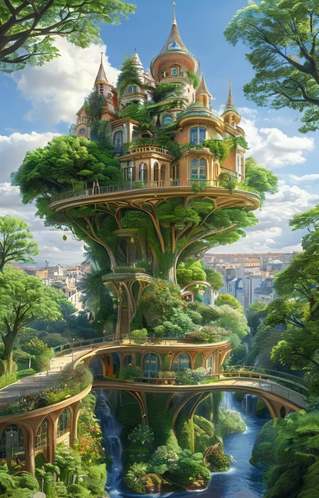 masterpiece,best quality,<lora:tbh303-sdxl:0.9>,illustration,designed by Vincent Callebaut Whimsical treehouse complex in a lush forest, channeling the spirit of Antoni Gaudí