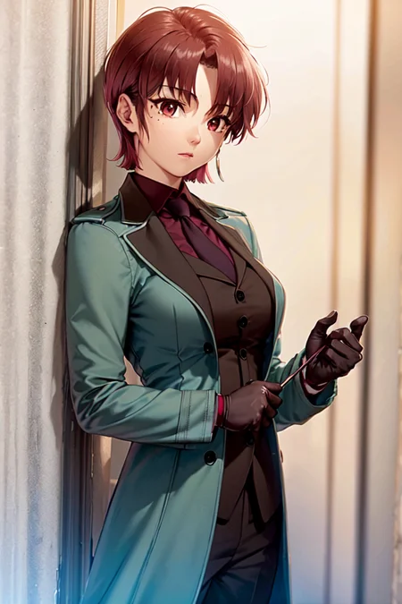 (masterpiece, best quality:1.2), bazett, fgo, 1girl, solo, (case on back:1.1), short hair, red hair, bangs, red eyes, mole under eye, large breasts, formal suit, (vest, coat, open coat:1.1), black gloves, red shirt, necktie, adjusting gloves <lora:BAZETT-15:0.8>