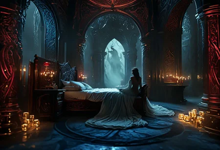 hkmagic detailed wide shot, low angle, wide shot, a celtic princesse of extraordinary beauty Eerie reality, her body covered by celtic runes bioluminescent tatoos glowing with power and magic, lying on a luxury fantasy bed in a room illuminated by candles, her body visible through a transparent golden veil covering the baldaquin bed, the bed culumns are spiraling sculppted dragon made of ivory and dark wood, red hair, naked,, mist, ciaroscuro, 8k cinematic shot, Intricate, High Detail, Sharp focus, dramatic, colorful details, intricate details,hyper realistic, ultra detailed, volumetric lighting, 8k post-production, Chiaroscuro Lighting Style, elven architecture