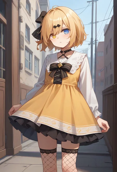 score_9, score_8_up, score_7_up, source_anime, BREAK
standing, blonde hair, heterochromia, blue eyes, yellow eyes, ((mg36dress)), hair ornament, hair bow, short hair, dress, bow, fishnet thighhighs,