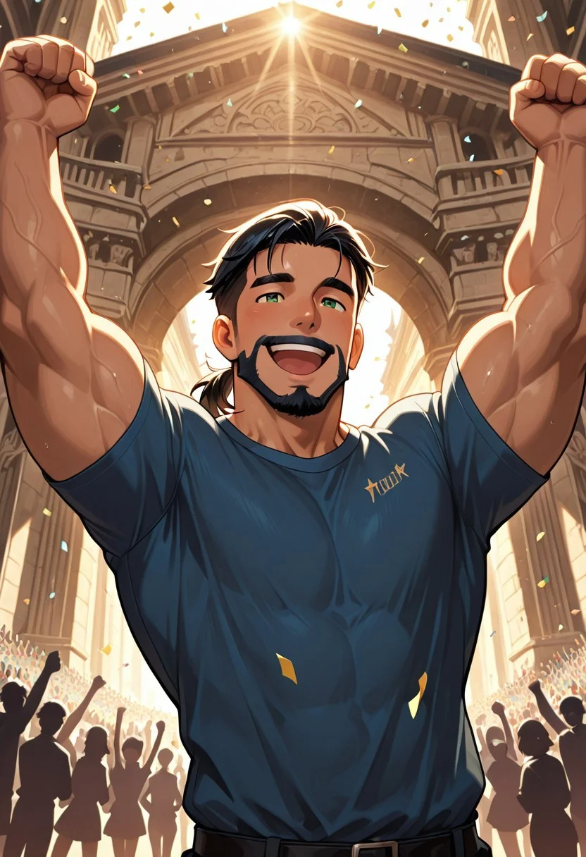 (masterpiece), best quality, 1boy, mbti_enfj, mature man, muscle man, green eyes, black-tied hair, facial hair, coliseum entrance, victory pose, triumphant smile, adoring crowd, confetti falling, bright sunlight, dynamic movement, strong silhouette, charming expression, muscular physique, athletic build, heroic fanfare, historical setting, grand architecture, cheering, celebratory atmosphere